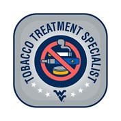 A square gray badge features a no-tobacco use image, a blue flying WVU and the words Tobacco Treatment Specialist